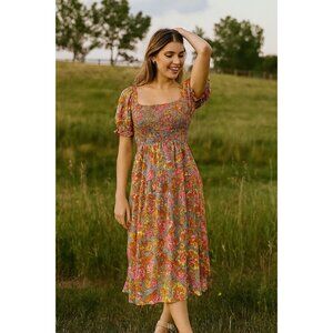 ZESICA Floral Smocked Midi Dress | Size Small | Puff Sleeve Boho Cottagecore
